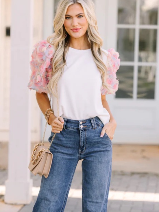 Entro Tops - Entro 3D Floral Puff Sleeve Blouse